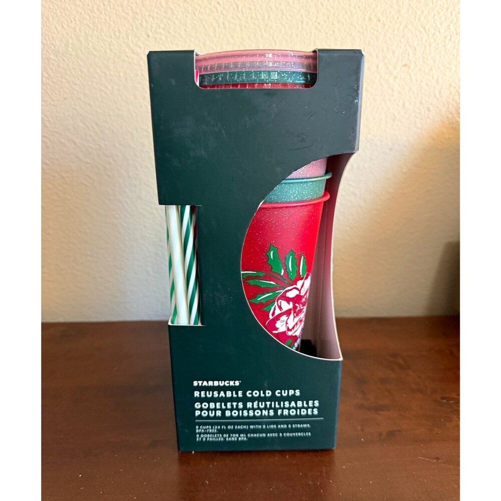 Starbucks Reusable Cold Cups Set of 5, 24oz Multicolor Floral Lids Straws